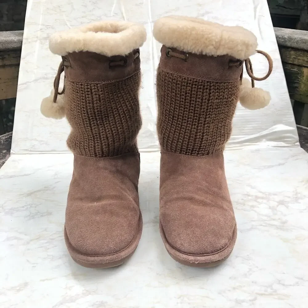 Bearpaw Constance Brown Sheepskin Tan Suede Wool Mid Calf Knit Boot Poms 10